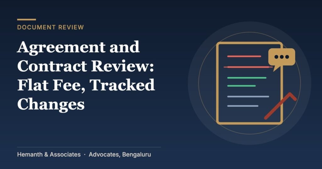 Illustration of a document with tracked changes and a comment for agreement review services in Bengaluru