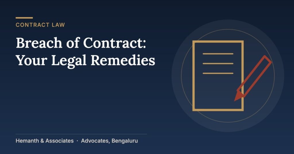 Document and pen illustrating breach of contract remedies